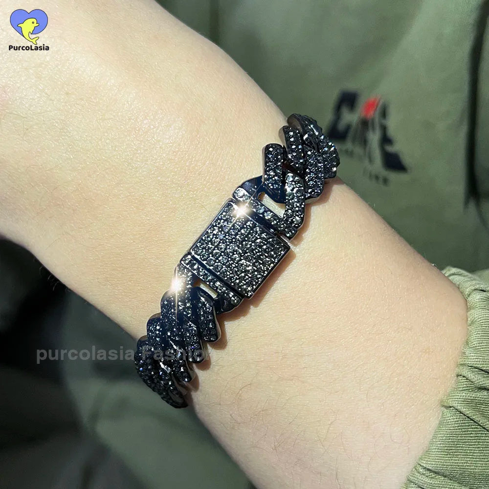 14mm Black Grey Bracelet Hip Hop Men Women Cuban Chain Bling Iced Out Rhinestones Paved Miami Necklace Jewelry