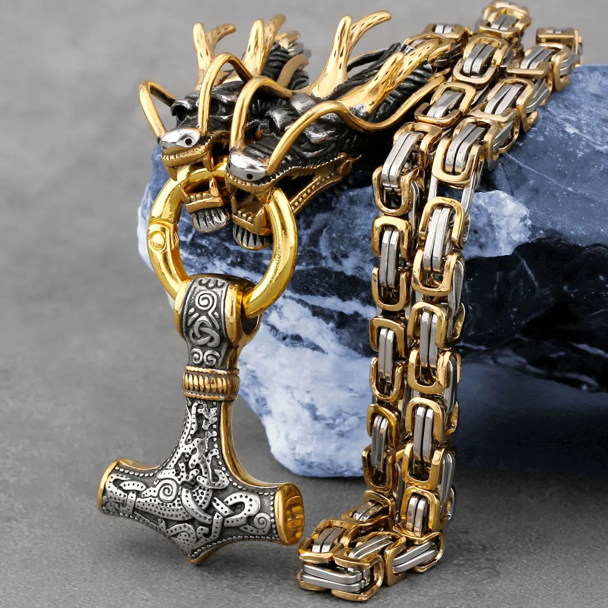 Stainless Steel Viking Dragon Head Necklace Men's Domineering Thick Chain Thor's Hammer Pendant Jewelry Biker Party
