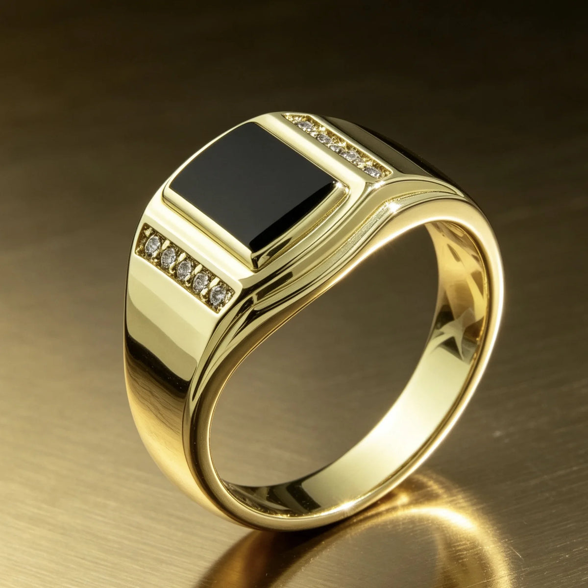 Fashion Luxury Golden Square Black Onyx Signet Ring for Men, Synthetic CZ Accent Vintage Business Masculine Jewelry