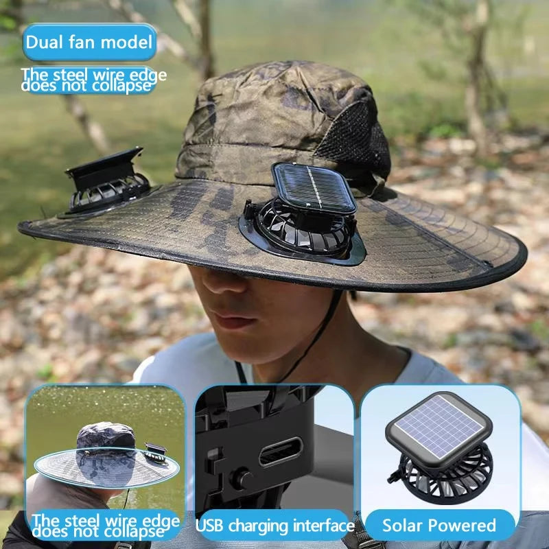 Wide Brim Solar Dual Fan Hat Outdoor Camping Fishing Hat Anti-UV Fan Hat for Men Mountain Climbing Sun Protection