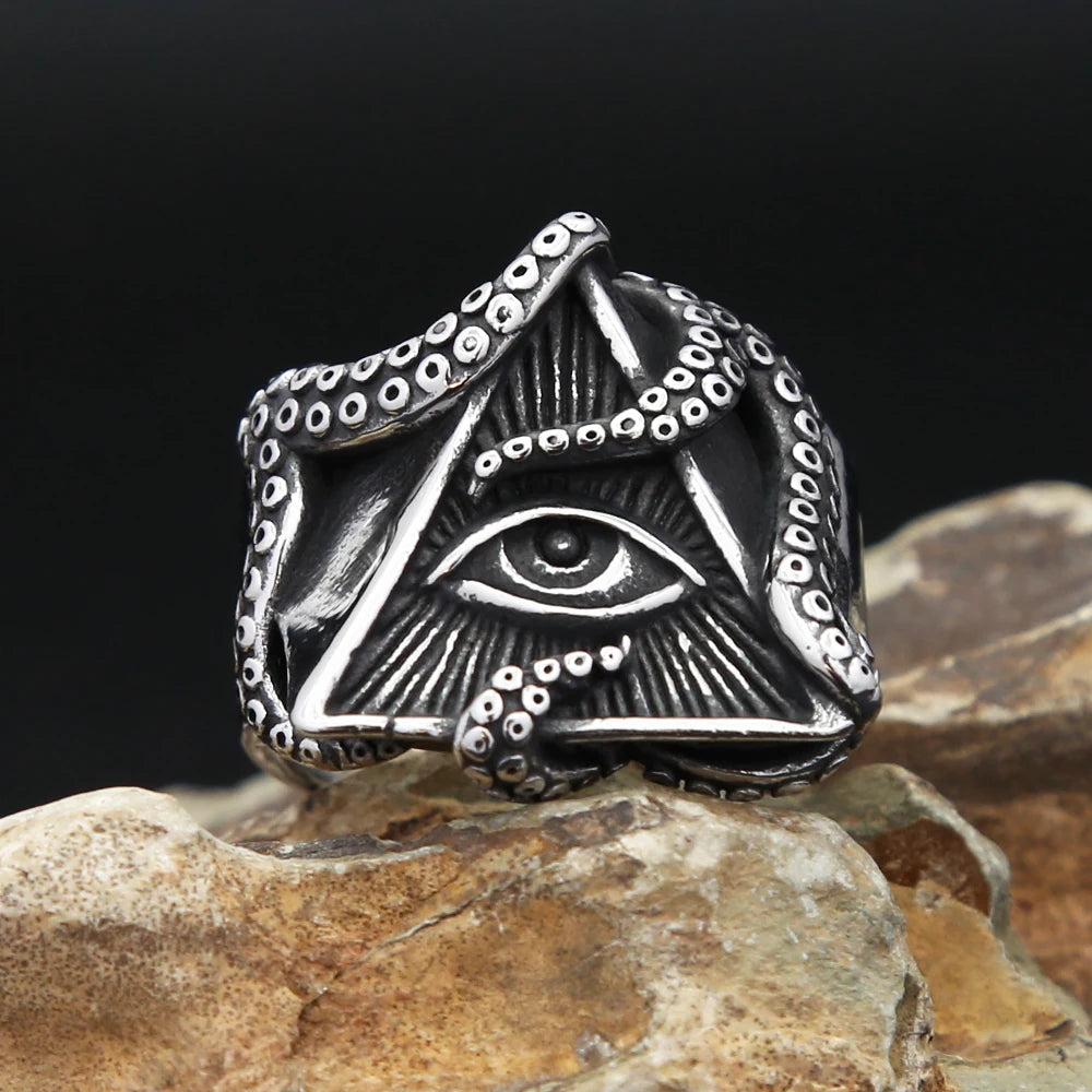 Steel Ring Vintage Masonic Punk Octopus Eyes