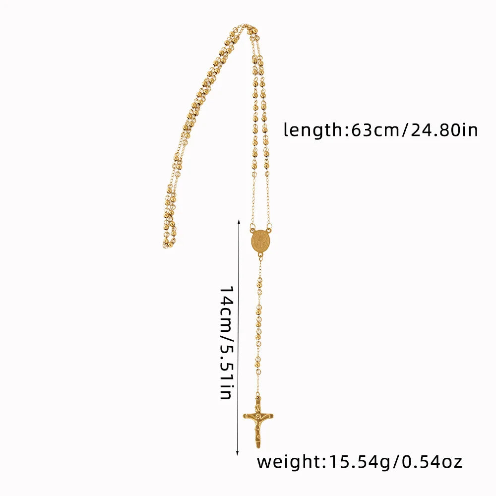 Rosary Beads Necklace Jesus Cross Pendant 4mm — Stainless Steel