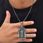 Virgin Mary Gothic Pendant Necklace — Grey CZ, Stainless Steel