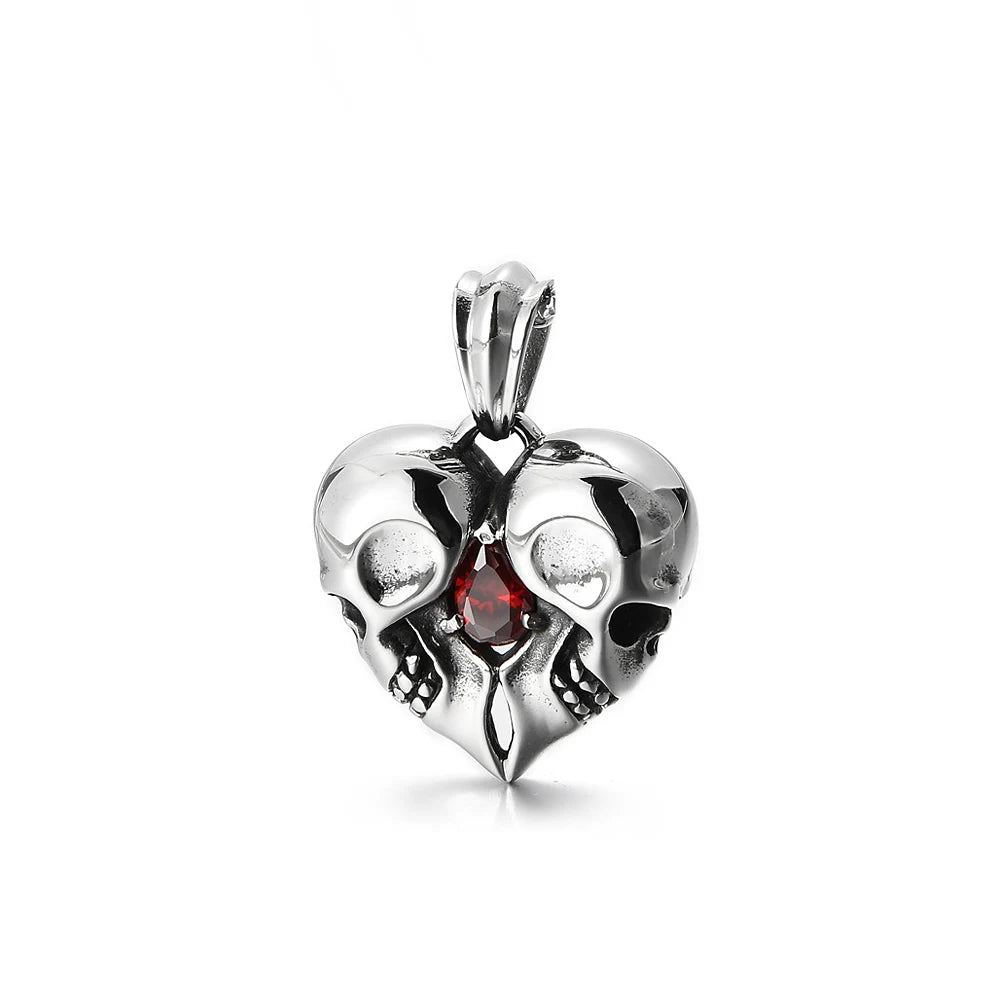 Skull Steel Pendant Punk Vintage Heart Red Stone