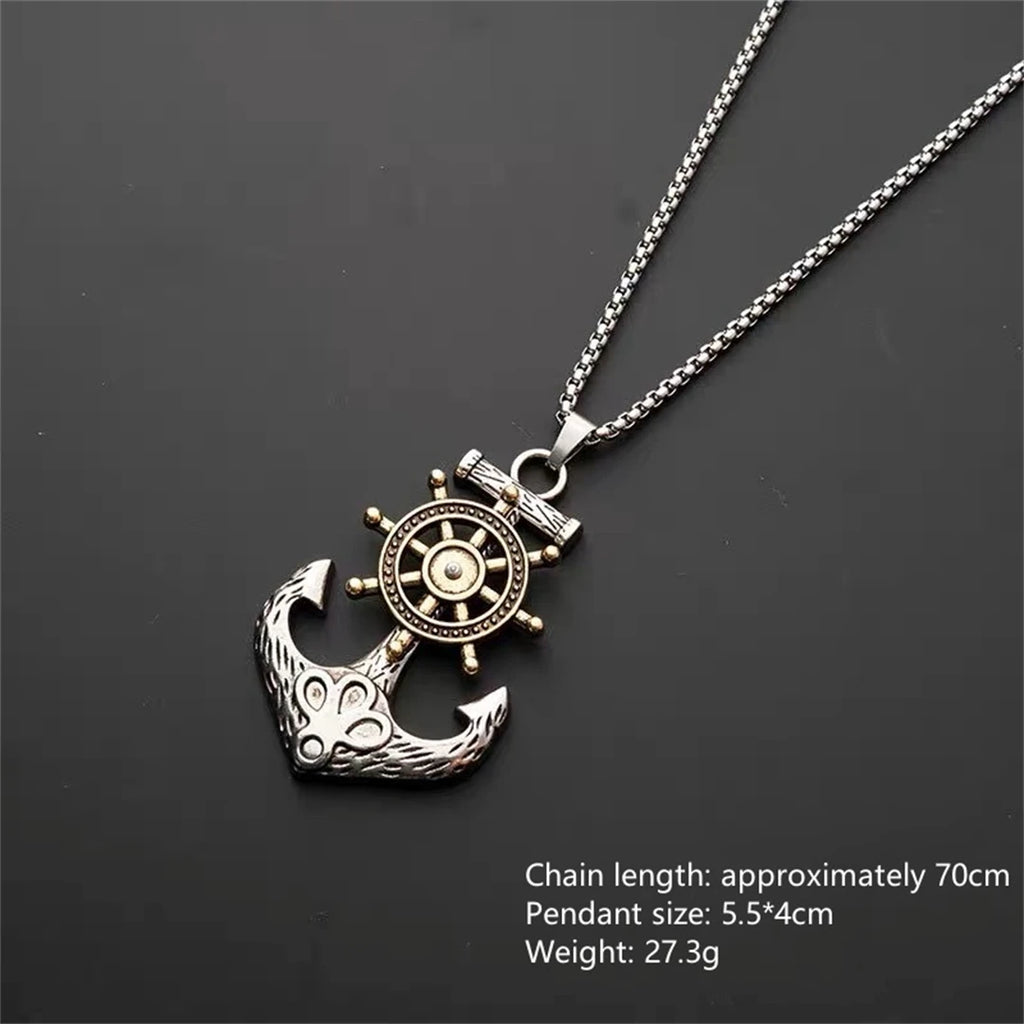 Vintage Nautical Rotatable Ship Wheel Anchor Pendant Necklace
