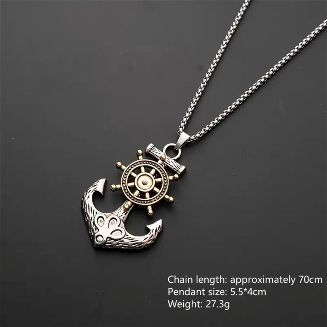 Vintage Nautical Rotatable Ship Wheel Anchor Pendant Necklace