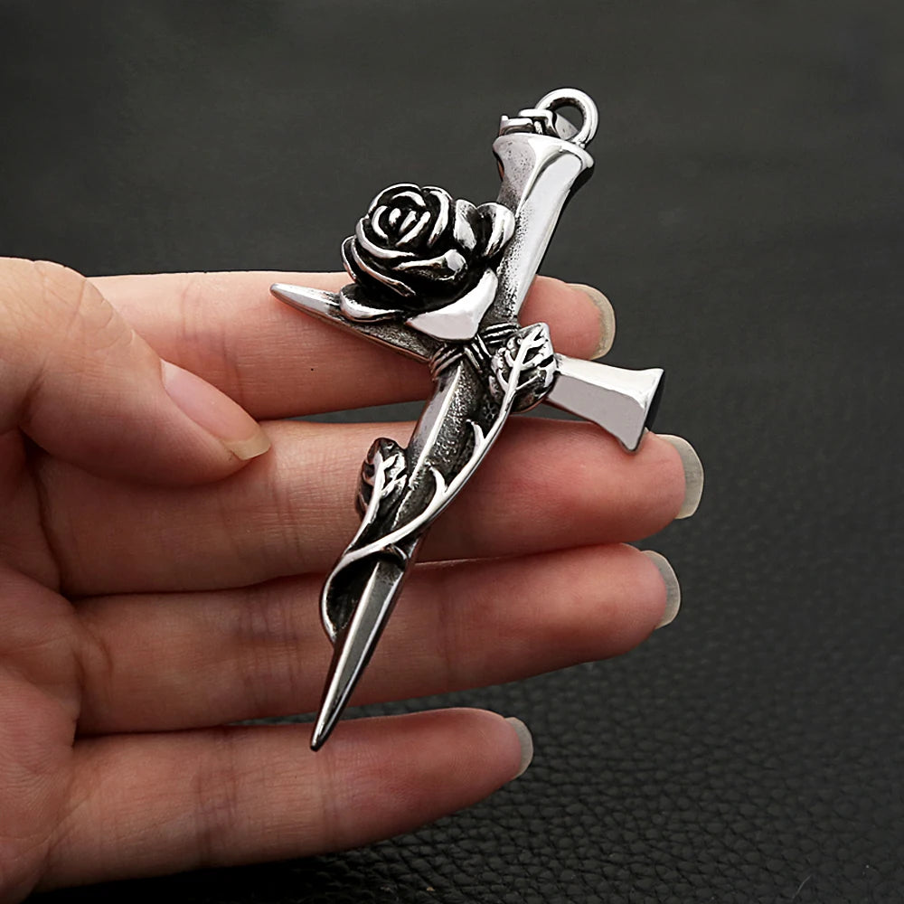 Fashion Vintage Rose Cross Necklace for Man Woman Punk 316L Stainless Steel Couple Pendant Creative Amulet Jewelry