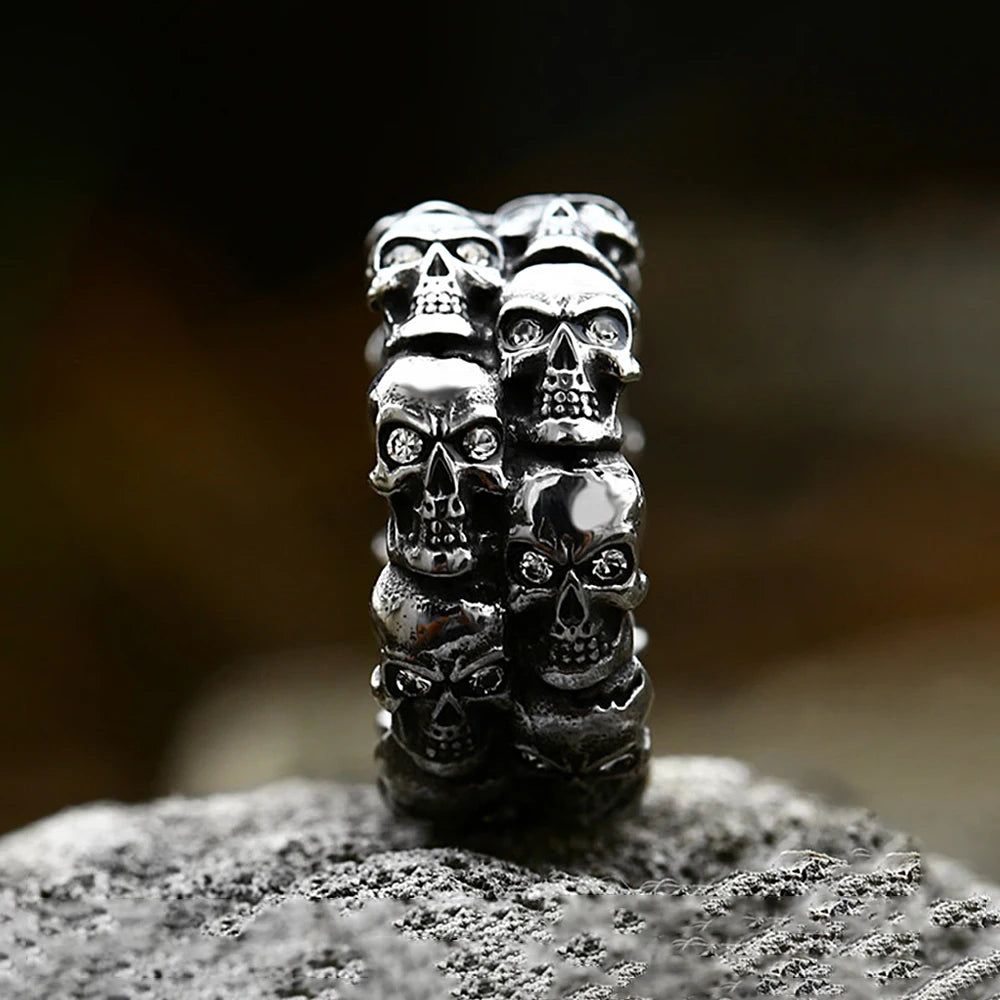 Vintage Punk Crystal Stone Skull Ring For Men Hiphop Rock Locomotive Stainless Steel Rings Party Jewelry Creative Gift