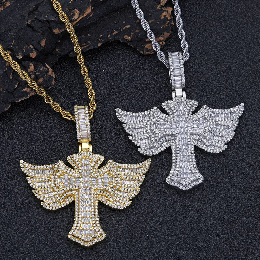Cross Angel Wings Pendant Necklace Iced Out