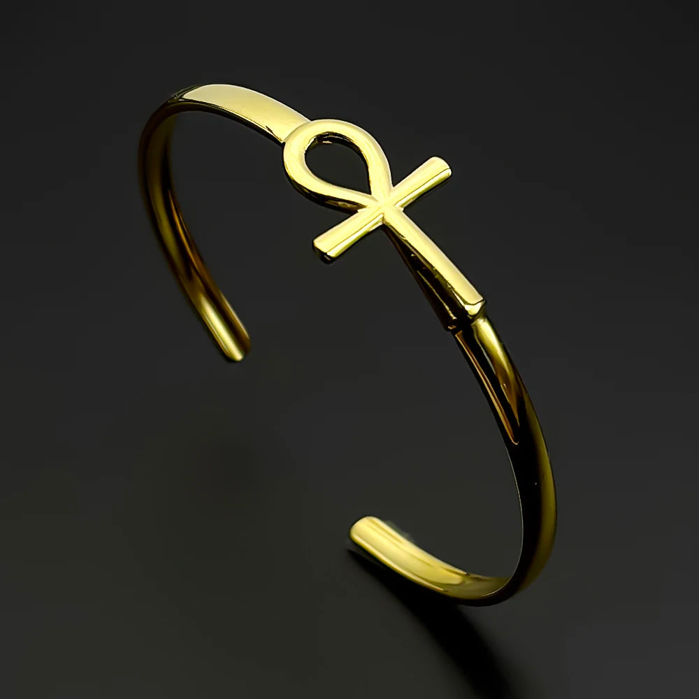 Ancient Egyptian Ankh Cross Key of Life Symbol Open Cuff Bangle for Women Men Stainless Steel Egypt Adjustable Bracelet Jewelry