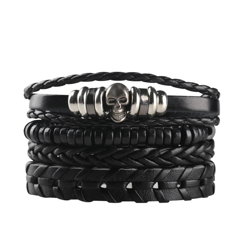 4/5/6pcs Evil Eye Wing Star Skull Diy Braided Punk Style Bracelet Set, Featuring Pu Leather And Beads Bracelet