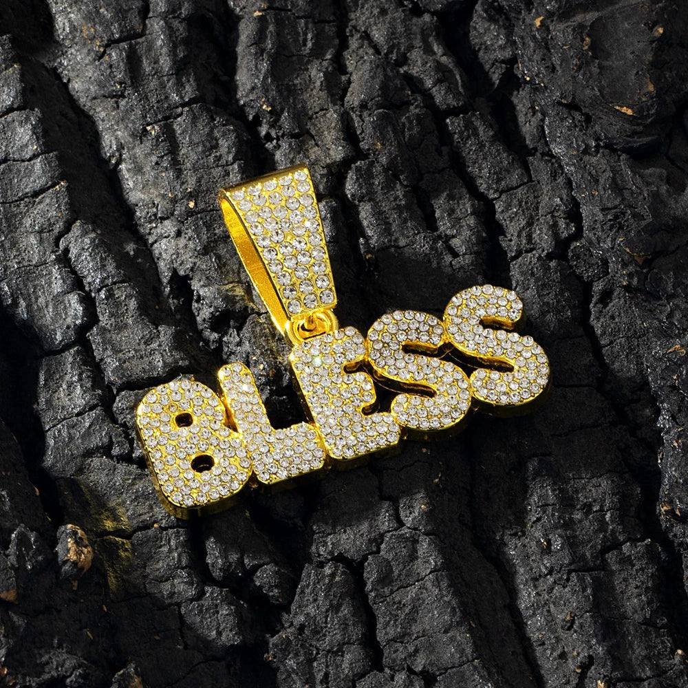 Iced Out BLESS Letter Pendant Necklace — 13mm Cuban Chain