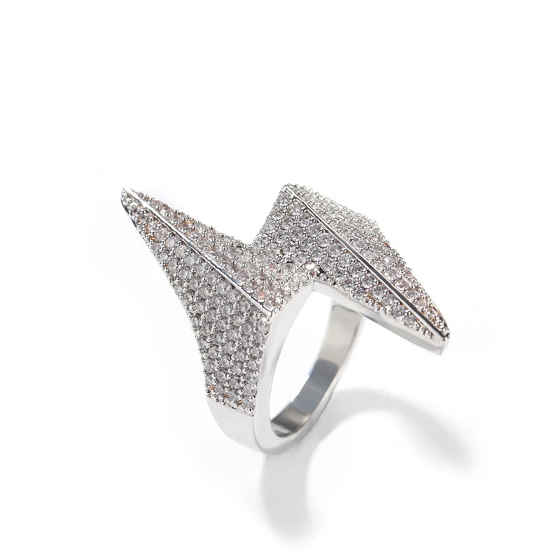 Iced Out Lightning Bolt Ring for Men — Two-Tone CZ Pave