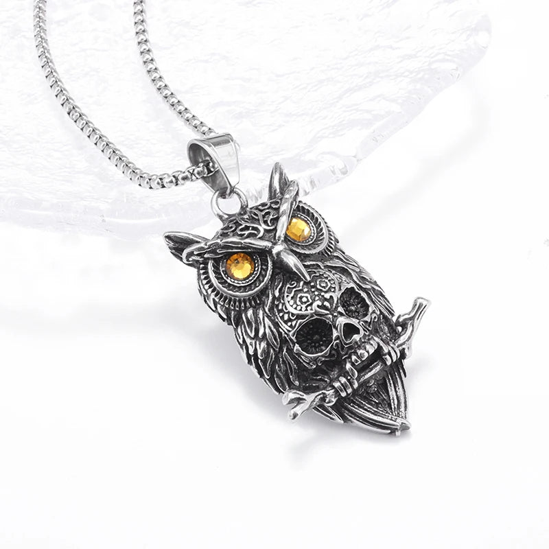 Gothic Style Owl Skull Pendant Necklace for Personalized Men's Retro Motorcycle Rider Party Jewelry Accessories