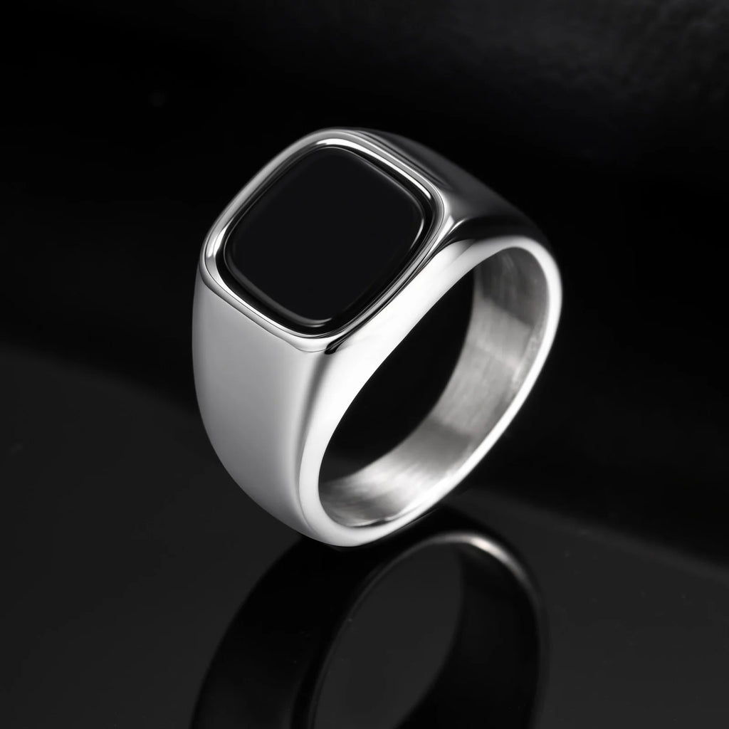 Stylish Black Stone Rings for Men Boys,Waterproof Stainless Steel Geometric Square Ring Signet Ring,Jewelry Gifts for