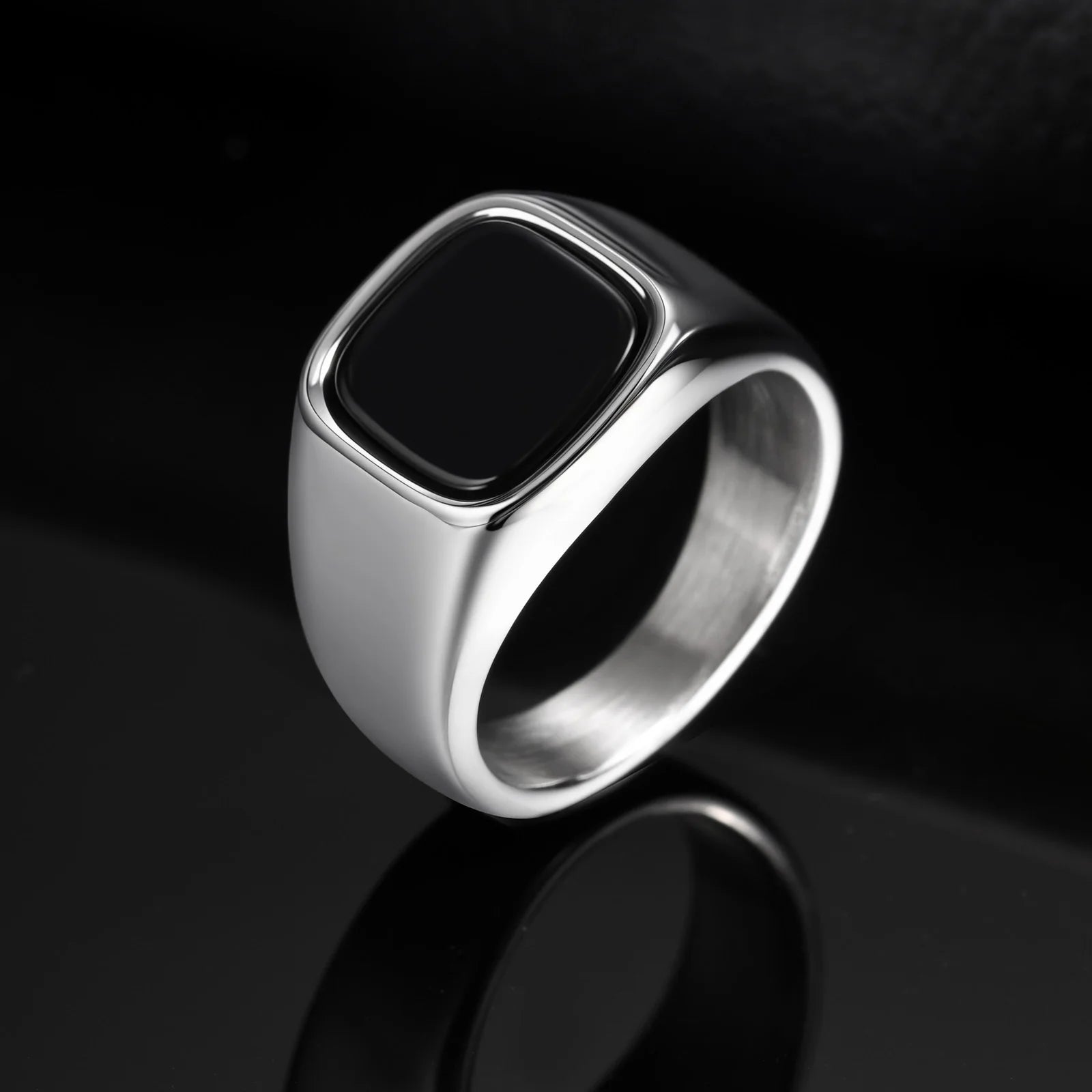 Stylish Black Stone Rings for Men Boys,Waterproof Stainless Steel Geometric Square Ring Signet Ring,Jewelry Gifts for
