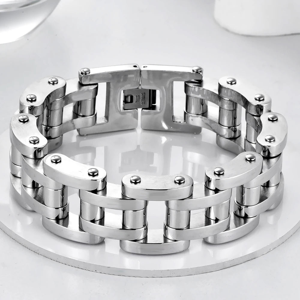 Solid Stainless Steel 22MM Width Motorcycle Bike Chain Men Bracelet Wristband Male Bangles Rock And Roll Men's Jewelry