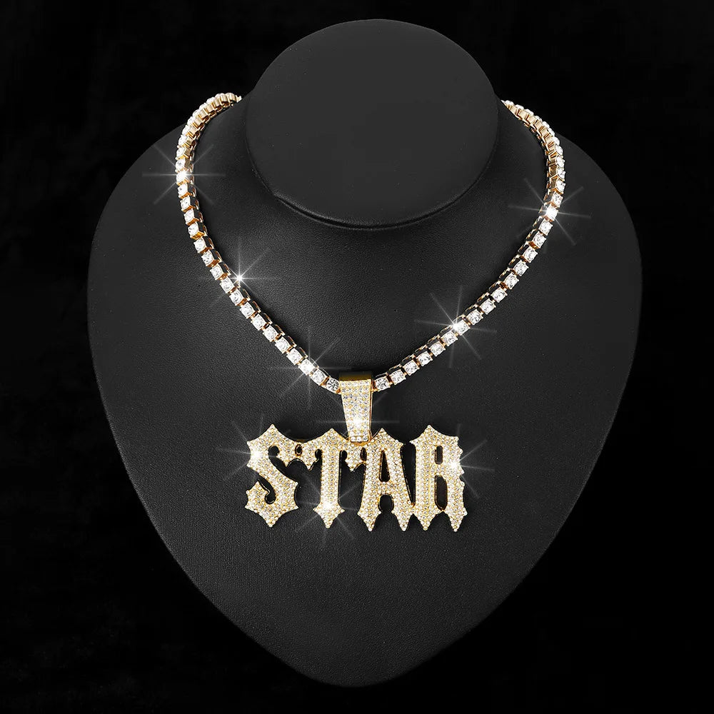 Men Women Hip Hop Letter STAR  Pendant Necklace with Cuban Chain Iced out Bling Necklaces Tennis Chain Fashion Punk Jewelry Gift