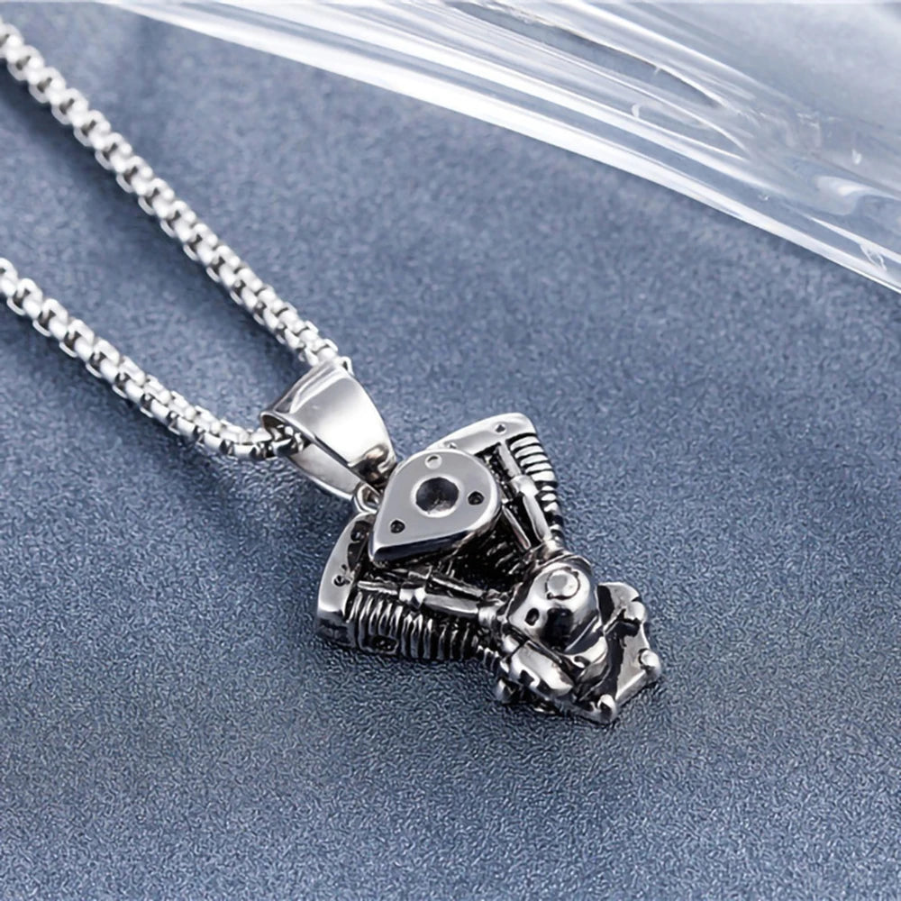 Silver Engine Pendant Necklace Stainless Steel