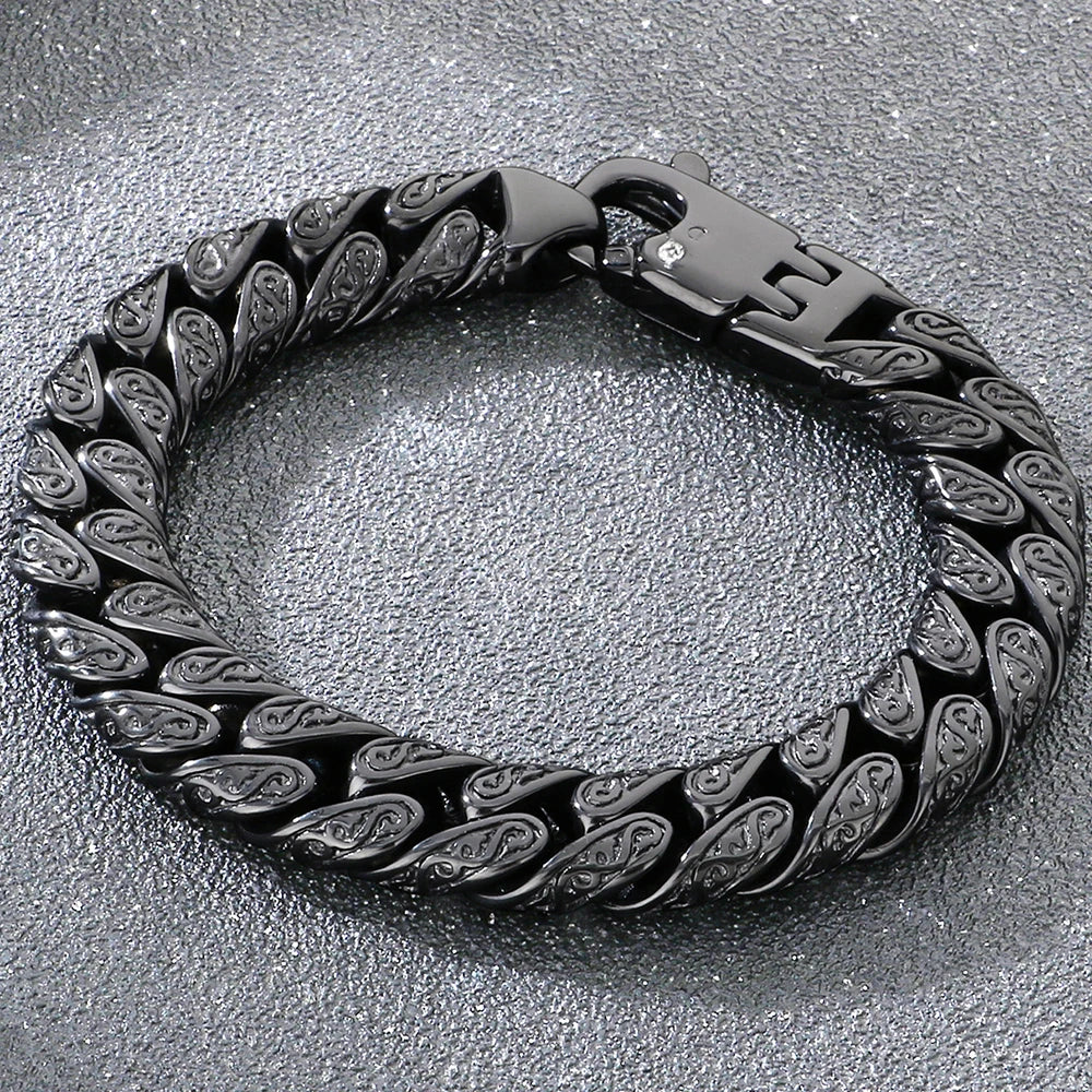 Vintage 12MM Width Cuban Link Chain Bracelet for Man Black Gold Color Stainless Steel Men's Bracelets Wrist Hand