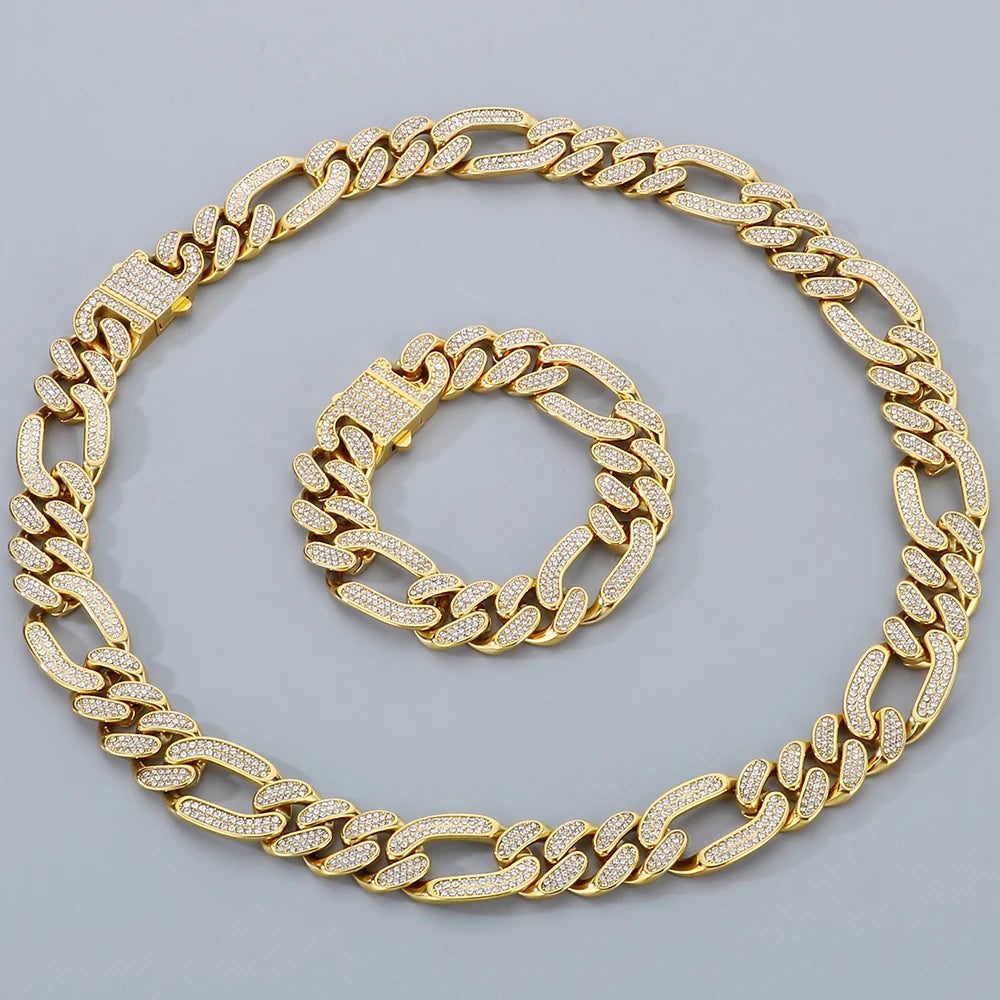 Hip-Hop Jewelry CZ Cuban Chain Man Bracelet Necklace Set Luxury Gold Color 60CM Long Stainless Steel Men's Necklace &