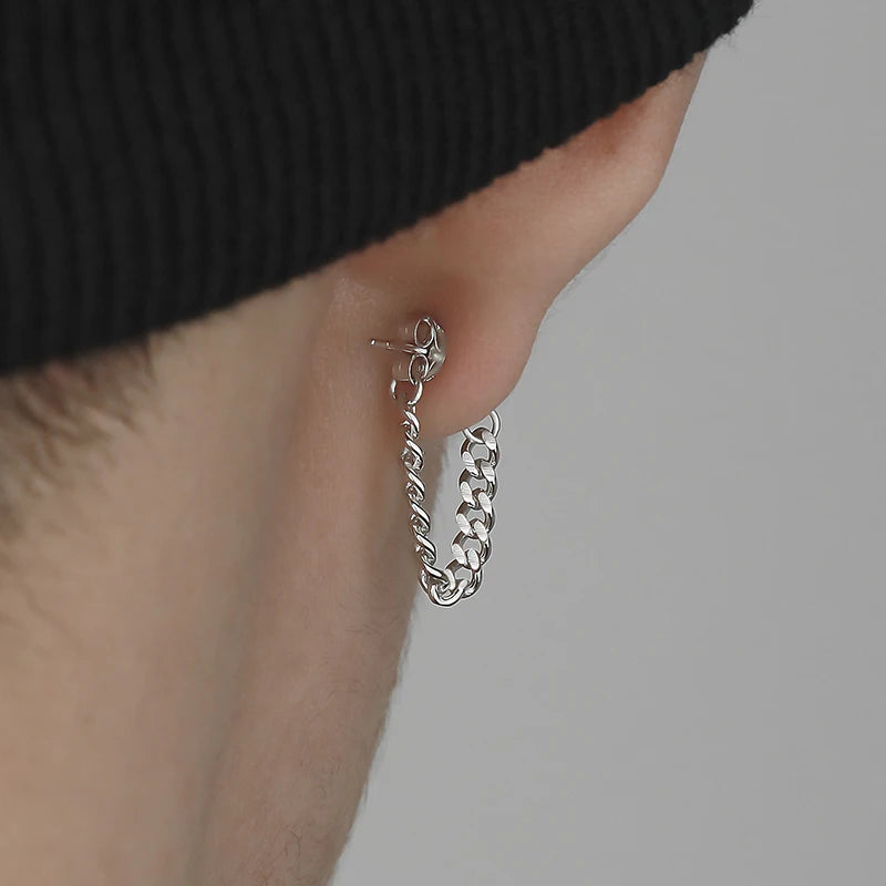 Black Steel Chain Stud Earrings Minimal