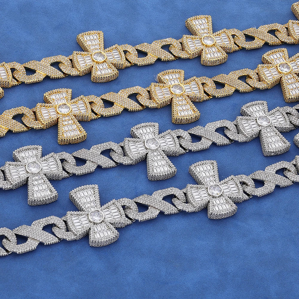 16mm Big Heavy Hip Hop Bling 3A+ Bling Iced Out Infinite Cross Cuban Link Chain Necklaces for Men Rapper Jewelry Gold