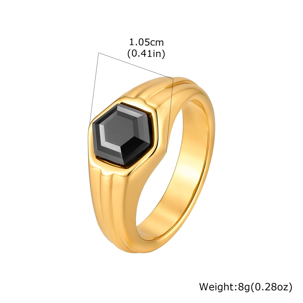 Stylish Black Stone Signet Ring for Men,Stainless Steel Geometric Zircon Band,New Punk Statement Jewelry Gift