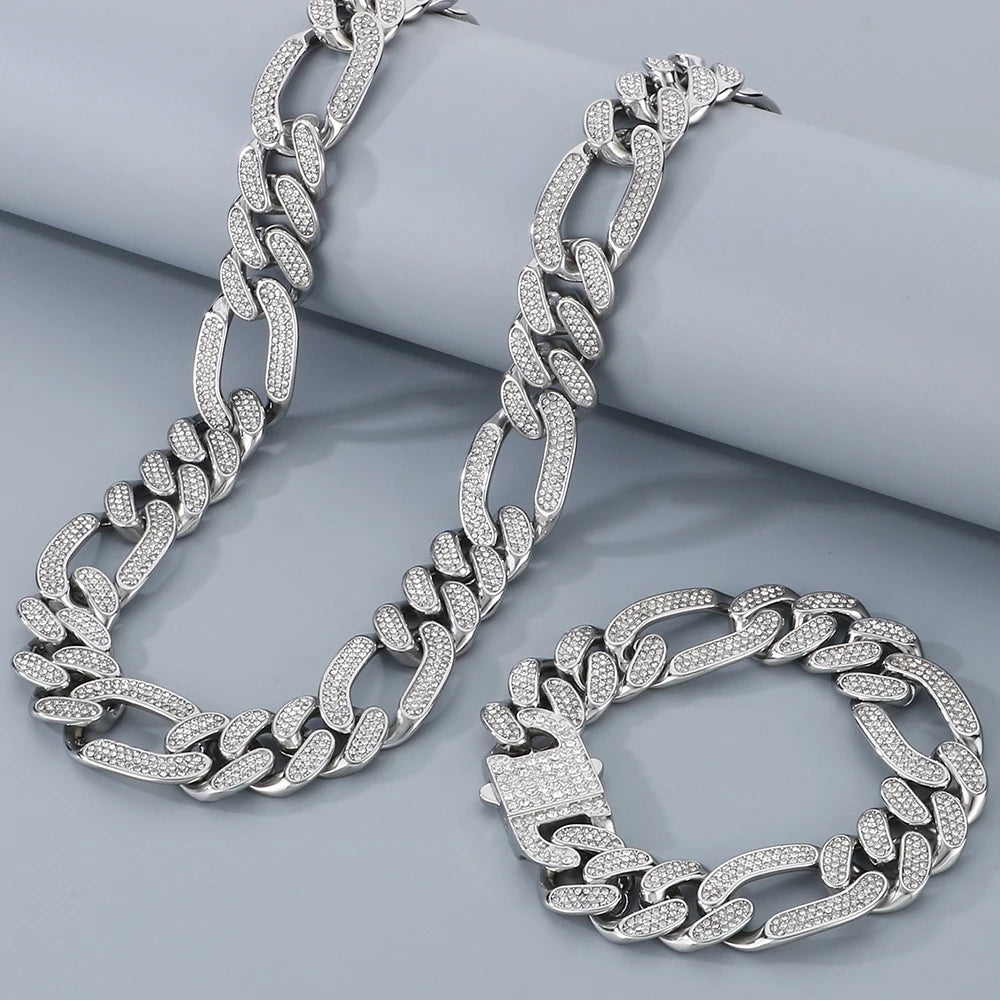 Hip-Hop Jewelry CZ Cuban Chain Man Bracelet Necklace Set Luxury Gold Color 60CM Long Stainless Steel Men's Necklace &