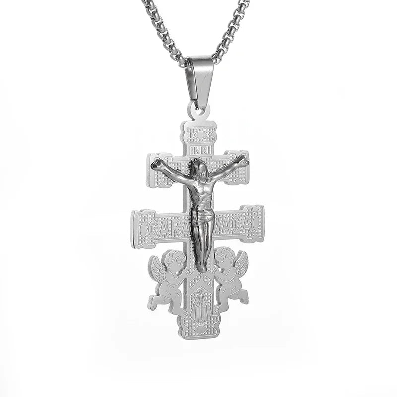 Vintage Christian Jesus Cross Stainless Steel Pendant Little Angel Prayer Necklace Men Women Faith Amulet Jewelry
