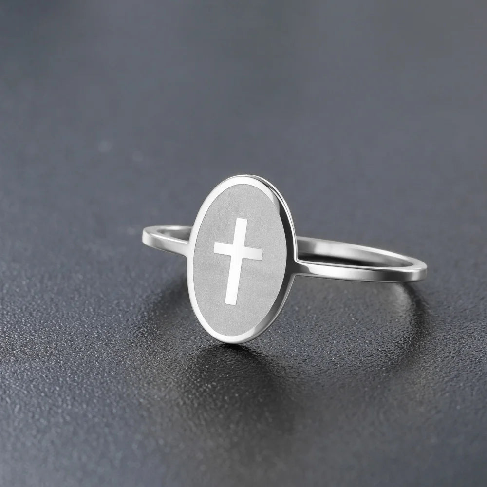 Skyrim Cross Oval Ring Women Men Stainless Steel Simple Couple Rings Hip Hop Religious Christian Jewelry Gifts