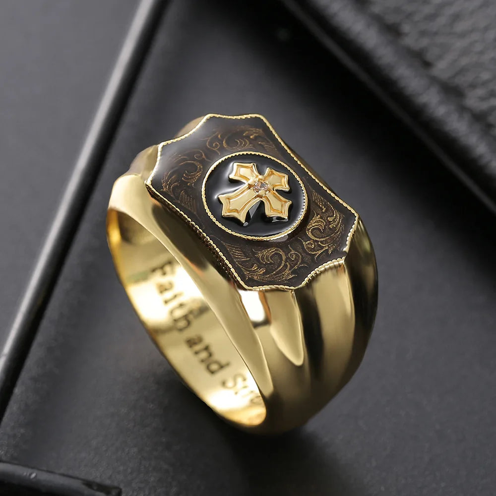 Men's Black Cross Ring — Gold-Tone