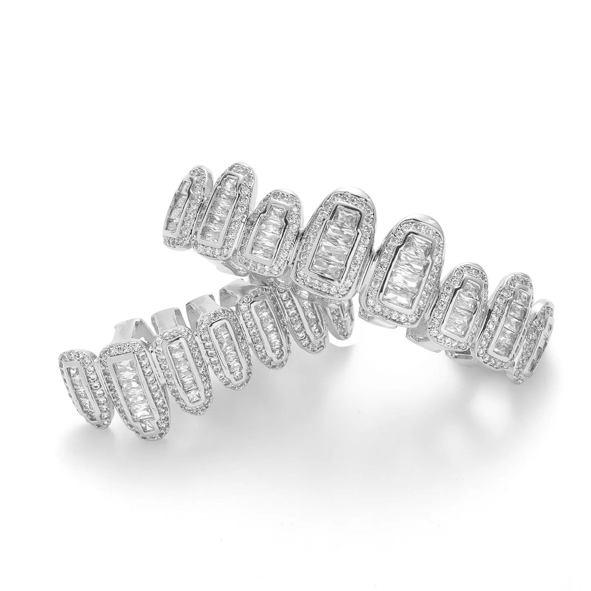 Iced Out Grillz Teeth Set Top & Bottom Hip Hop Pave Baguette CZ Dental Grills Gold Silver Color Party Cosplay Jewelry