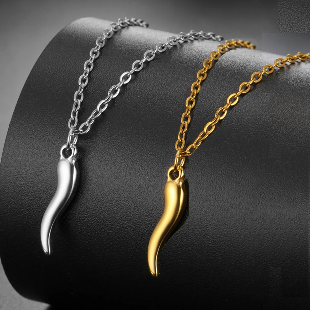 Italian Horn Amulet Pendant Necklace — Steel