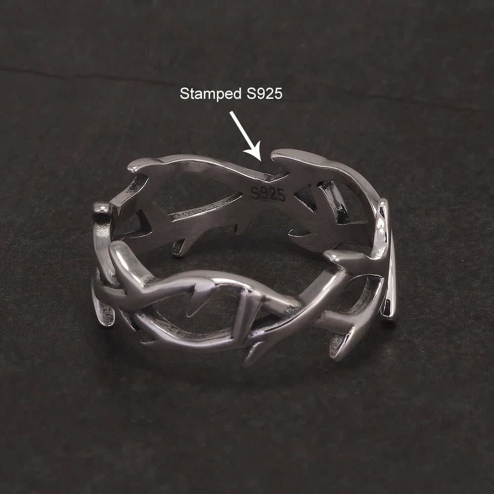 925 Sterling Silver Gothic Thorn Couple Rings for Women Men Punk Retro Cool Spiky Finger Ring Adjustable Hip-hop Y2k