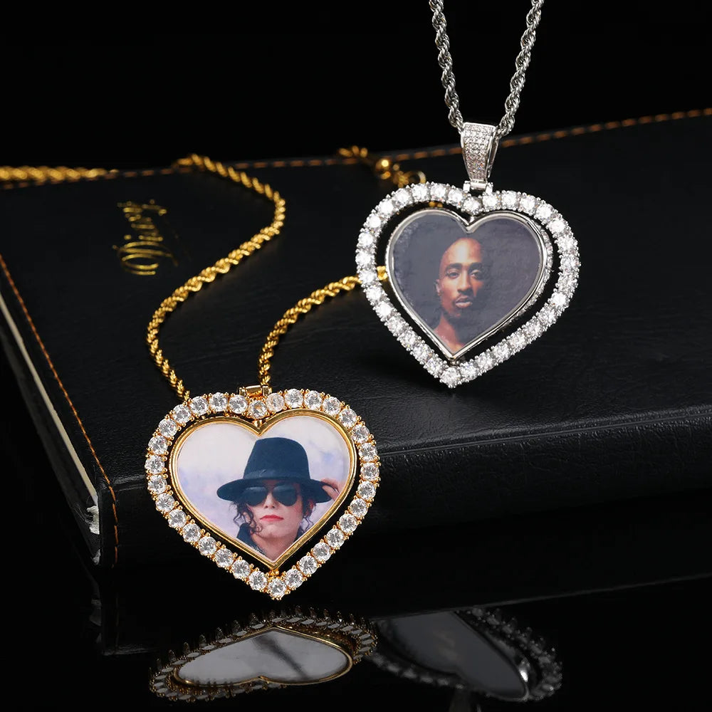 Iced Out Heart Photo Pendant Necklace