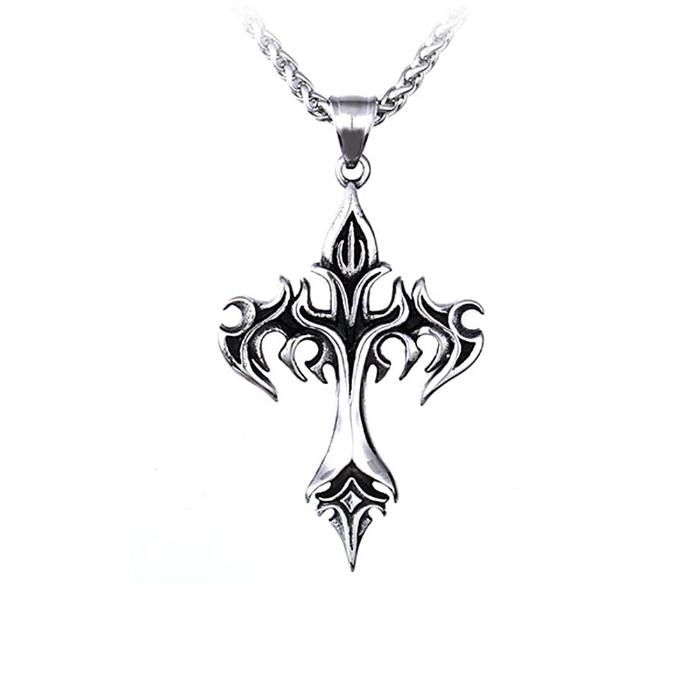 Flame Cross Pendant Necklace — Stainless Steel