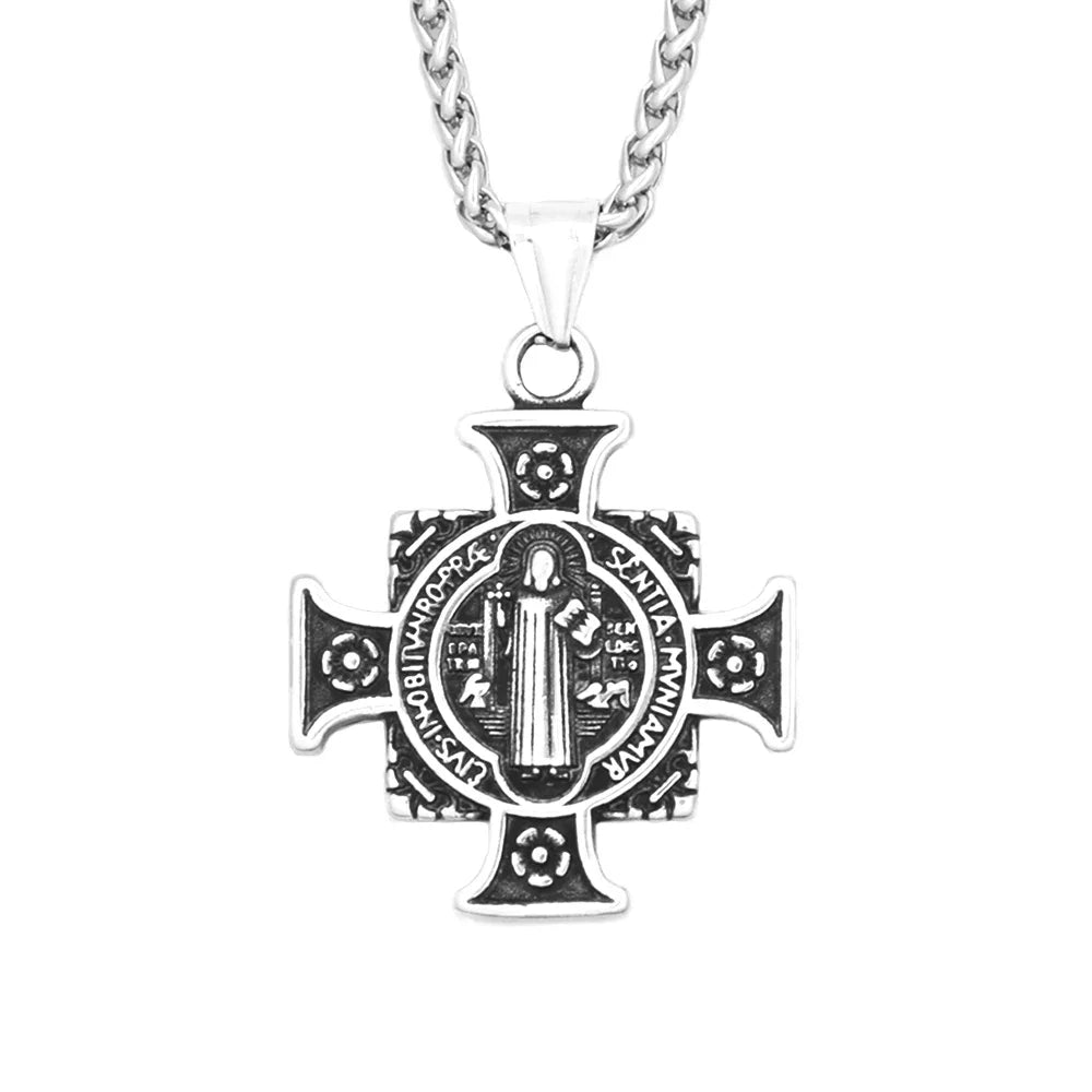 Vintage Stainless Steel Saint Benedict Exorcist Pendant Necklaces For Men Women Fashion Religious Amulet Jewelry