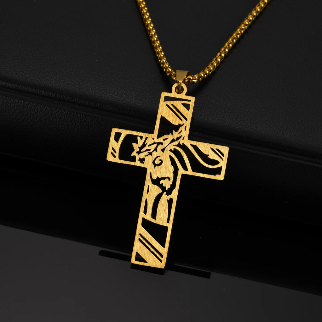 Catholic Jesus Cross Pendant Necklace for Men Women Stainless Steel Long Chain Vintage Necklaces Waterproof Christian Jewelry