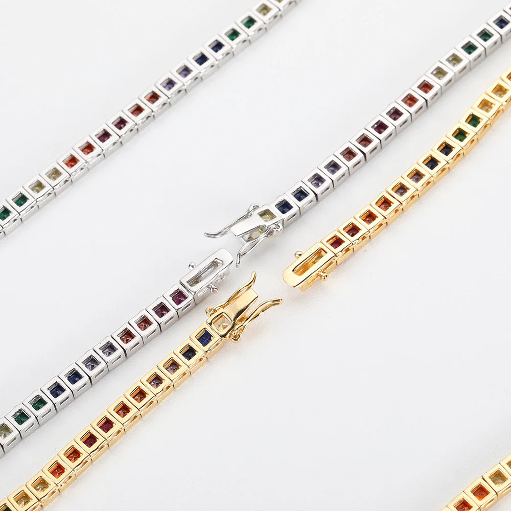 Gold Rainbow Tennis Necklace Iced Out 4MM 18K