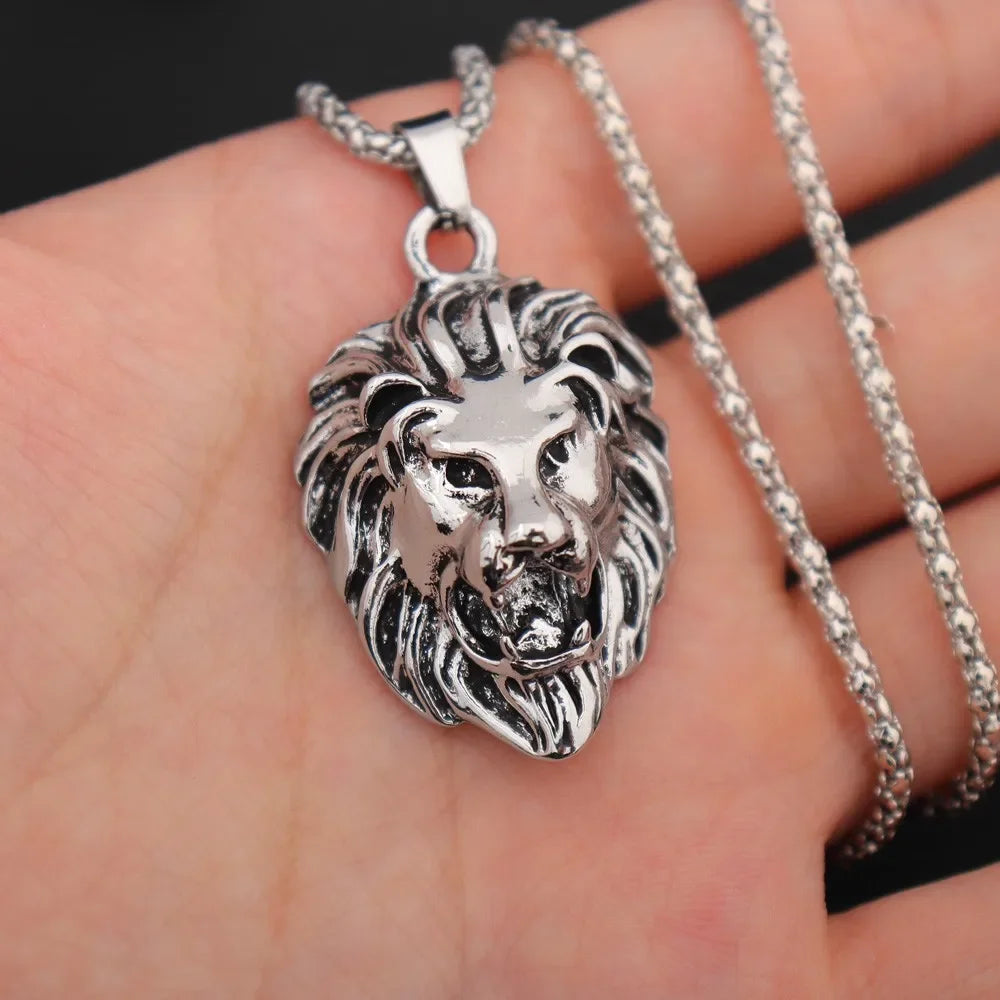 Punk Hip Hop Men Necklace Animal Lion Head Pendant Necklace New Fashion Metal Sliding Pendant Necklace Accessories