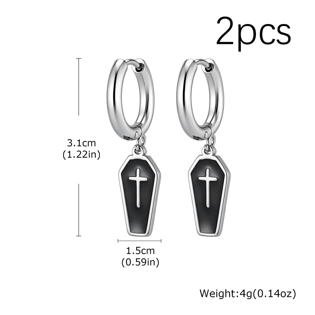 Gothic Coffin Cross Dangle Earrings for Men — Stainless Steel