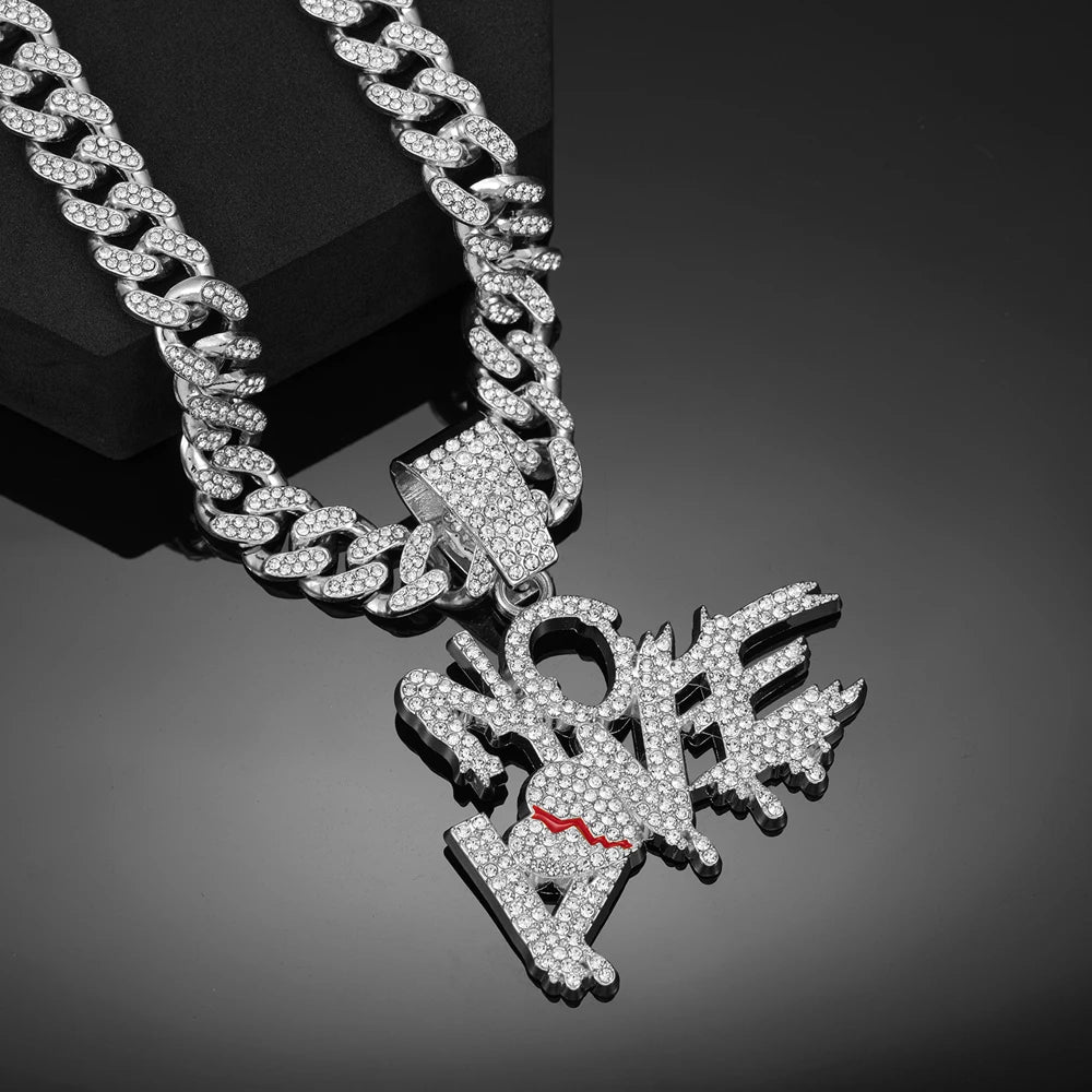 Men Women Hip Hop No Love Heart Letter Pendant Necklace with 13mm Cuban Chain Iced Out Bling Hiphop Necklaces Charm
