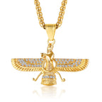 Faravahar Zoroastrian Pendant Necklace for Men,Stainless Steel Winged Eagle Amulet with CZ Stones,Hip Hop Religious Jewelry Gift