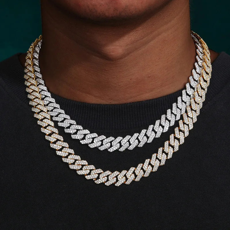 Wide 14mm Rhombus Double Row Cuban Necklace designed for men, delicate artificial diamonds mounted on PT950 Platinum chain