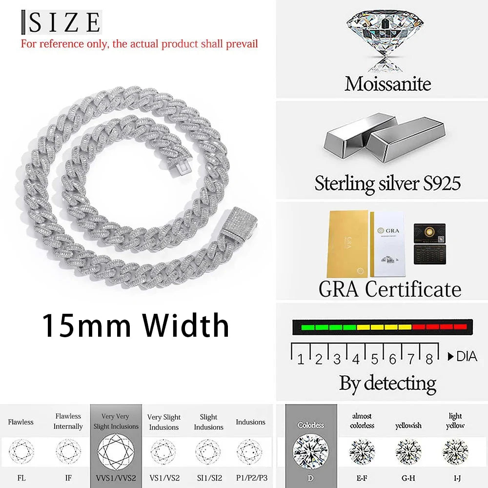 925 Silver Cuban Moissanite Chain Necklace 15MM VVS