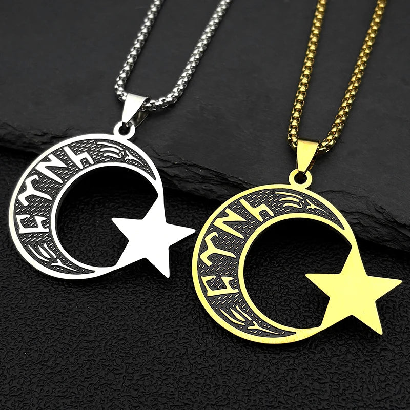 Gold Crescent Moon Star Necklace — Stainless Steel