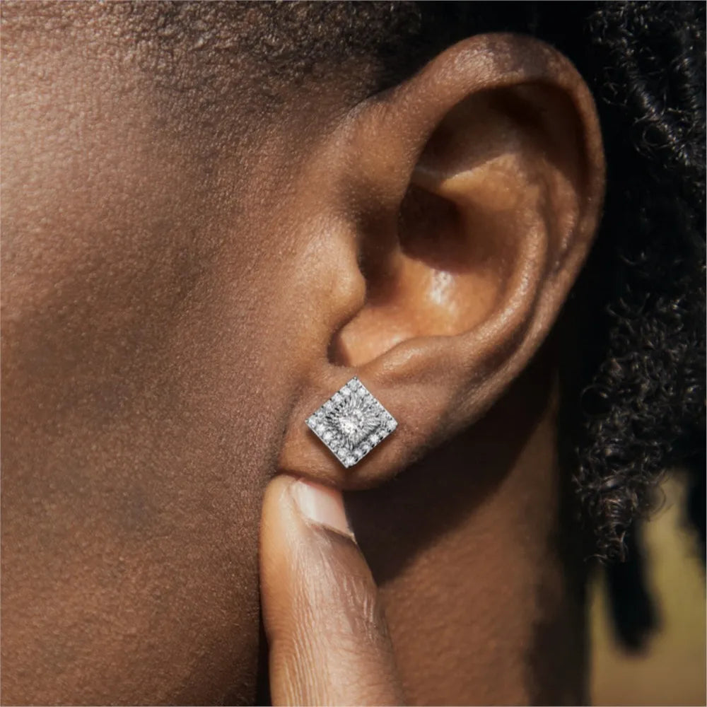 Silver Iced Out Square Stud Earrings CZ