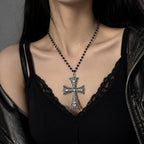 Crystal Filigree Cross Beaded Necklace — Black