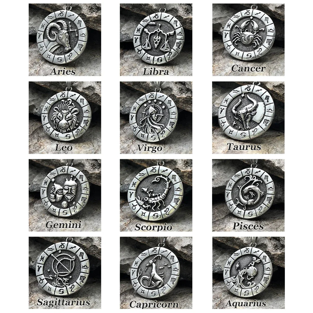 12 Constellation Zodian Signs Pendants Unique Design Horoscope Two-Sided Pendant Necklace for Men Women Jewelry Birthday Gifts